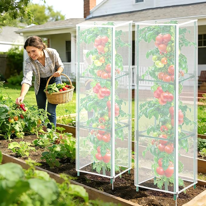 3 Pack Garden Bird Netting Plant Cover for Square Tomato Cage,14.6"x14.6"x51.2" Insect Bird Barrier Tomato Cage Net with Zipper Drawstring,Tomato Trellis Netting Protection Cover for Protecting Plants