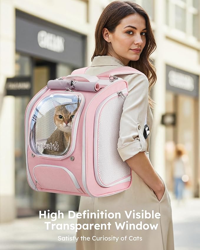 Pecute Cat Backpack Carrier, Large Space Cat Bubble Backpack, Breathable Cat Carrier, Shaded Dog Backpack Carrier, Ergonomic 3D Design for Travel, Hiking, Walk, Suitable for Shopping, Car, Vet, Pink