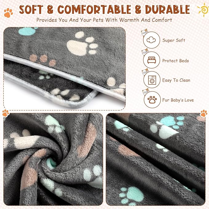 Tegeme 8 Pcs Fleece Dog Blankets for Small Dogs Cat Soft Coral Velvet Warm Sleep Mat Fluffy Dog Paw Print Blanket for Kitten Doggy Small Animal(30 x 20 Inch,Dark)