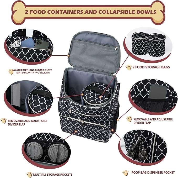 BAGLHER Dog Travel Bag Backpack, Airline Approved Pet Supplies Backpack, Dog Travel Bag with 2 Silicone Collapsible Bowls and 2 Food Baskets DLBlack