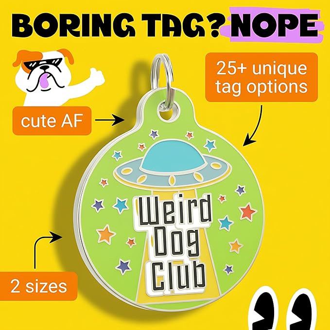 Bad Tags Personalized Dog and Cat ID Tags in 25+ Designs and 2 Sizes - 5 Lines of Custom Engraved Text - Funny Cute Personalized Pet Tags (Weird Dog Club, Large (1.25 inch))
