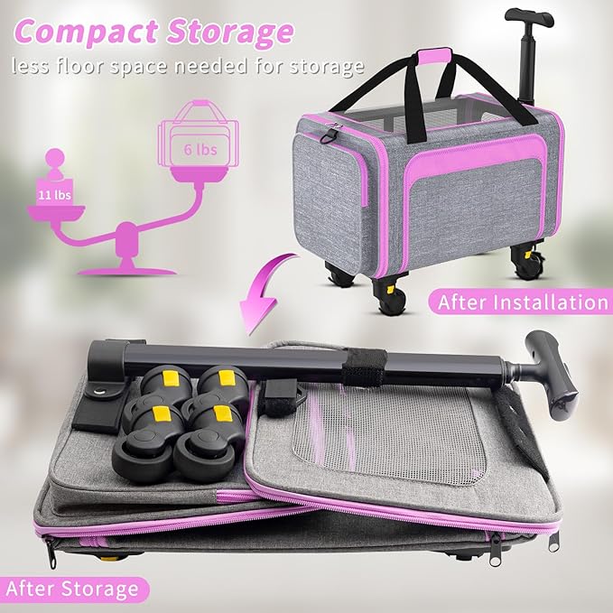 Rolling Pet Carrier with Detachable Wheels - 18x11x11 TSA Airline Approved for Southwest Delta United American, Soft Sided Expandable Travel Bag for Small Dogs & Cats up to 15Lbs, Fits Under Seat