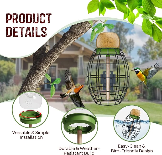 LONA Squirrel Proof Bird Feeding Cage for Outdoor, All-Weather Metal Caged Bird Feeder with Peanut Butter Jar Holder, Trapeze Stick, Chew-Proof Feeding Cage for Small Birds (Oval Cage, 1 Feeding Unit)