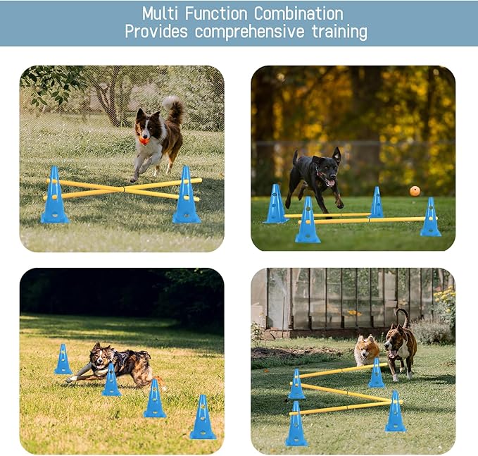 TNZMART Dog Agility Hurdle Cones Pet Jump Training Set Dog Agility Course Backyard Set Adjustable Obstacle Training Set (Blue, 6 Sets)