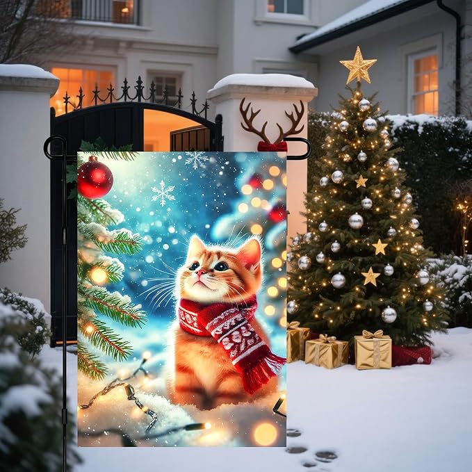 Christmas Garden Flag Winter Flag Cute Kitten Scarf Snow Scene Outdoor Yard Decor 12x18 Inch Double Sided Banner For Front Yard Porch Lawn Patio Seasonal Home Decoration Festive