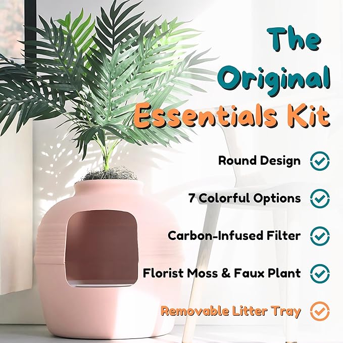 Good Pet Stuff Hidden Litter Box Planter, Decorative Cat Litter Enclosure with Carbon Filter, Artificial Plant, Easy Clean, Indoor Design, Original Round Style, Essentials Kit, Pink Coral