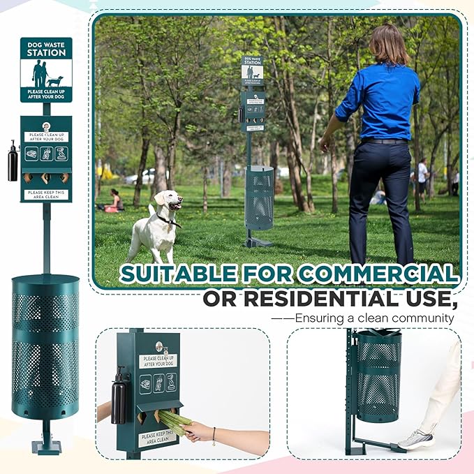 Qinyoung Pet Waste Station, Includes 600 Roll Bags, Dog Waste Station with Foot Pedal, Dog Poop Sign, Bag Dispenser, Hand Sanitizer Bottle and Covered Outdoor Trash Can for Parks, Trails Outdoor