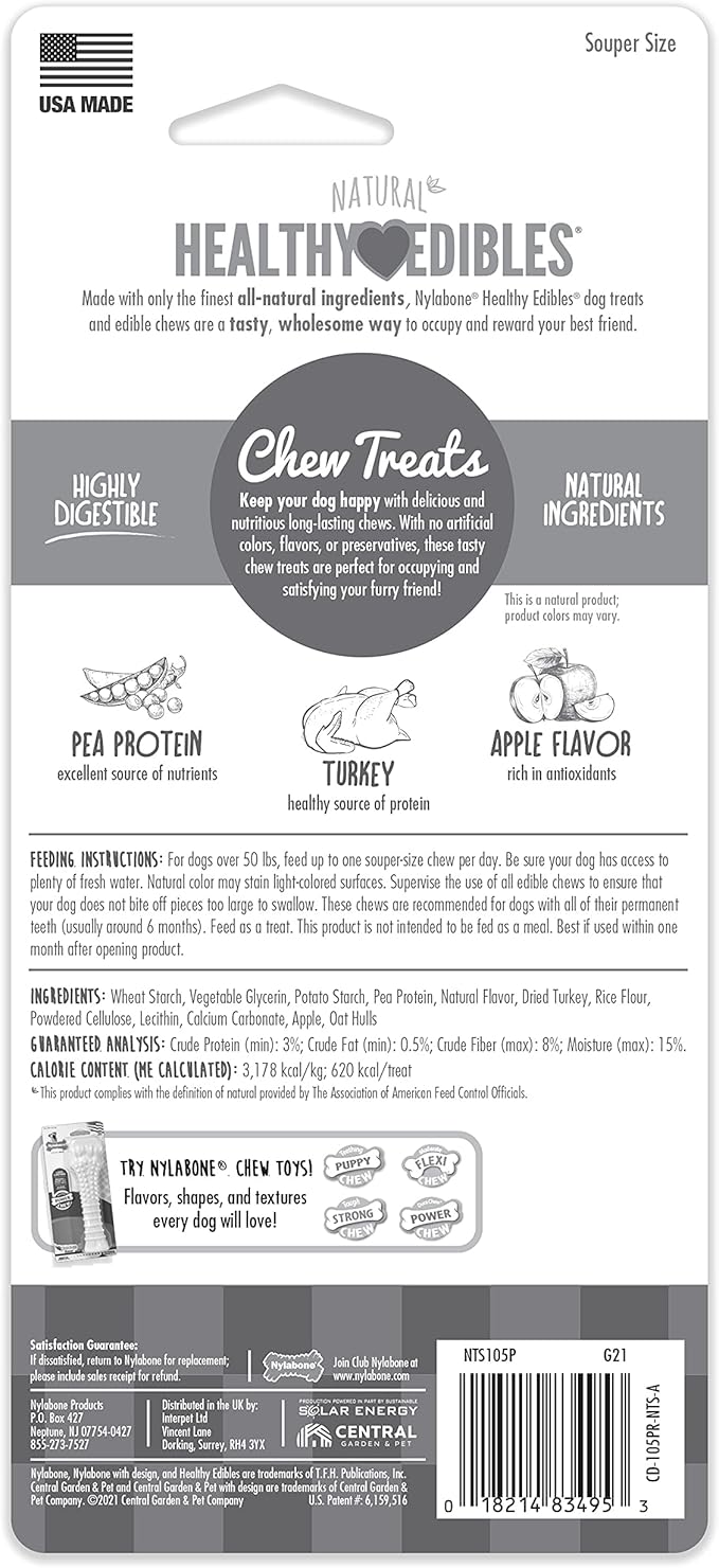 Nylabone Healthy Edibles Natural Dog Chews, Long Lasting Bones for Dogs, Turkey & Apple Dog Treats, X-Large (1 Count)