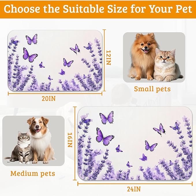 Pet Feeding Mat,Lavender Butterfly Absorbent Dog Cat Food Mat Purple Dog Mat with Rubber Backing,Non-Slip Water Bowl Placemat,Pet Supplies 16" x 24"
