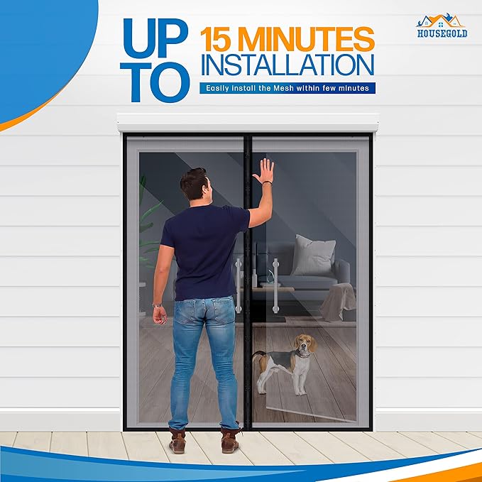 Magnetic Closure Screen Door for 62"x81" French Door Sliding Door Pet and Dog Friendly, Durable Fiberglass Mesh Double Door Screen Mesh Retractable Curtain, Keep Bugs. Mosquito Out, Fly Screen