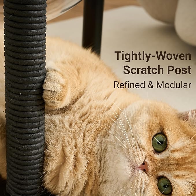 Modern Cat Tree Tower for Indoor Cats up to 12lbs, 34" H Furniture-Style Metal Cat Tower with Scratching Posts, Wood Cat Bed with Soft Plush Cushion Washable, Acrylic Capsule, Classic Black