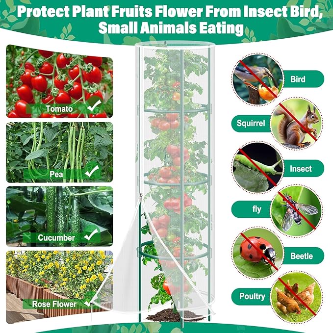3 Pack Garden Bird Netting Plant Cover for Round Tomato Cage, 61"x13" Insect Bird Barrier Tomato Cage Net with Zipper & Drawstring, Tomato Trellis Netting Protection Cover for Protecting Plants