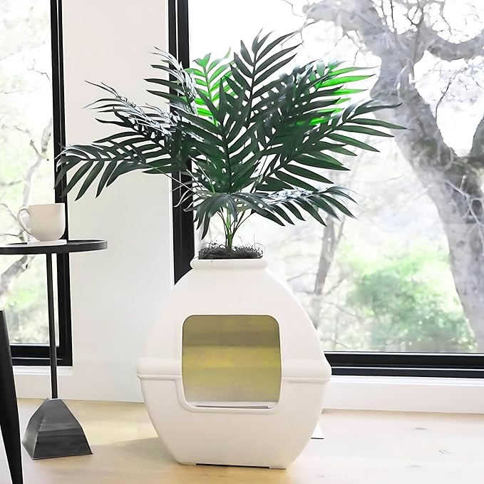 Good Pet Stuff Hidden Litter Box Planter, Decorative Cat Litter Enclosure with Carbon Filter, Artificial Plant, Easy Clean, Indoor Design, Courtyard Square Style, Essentials Kit, White Birch