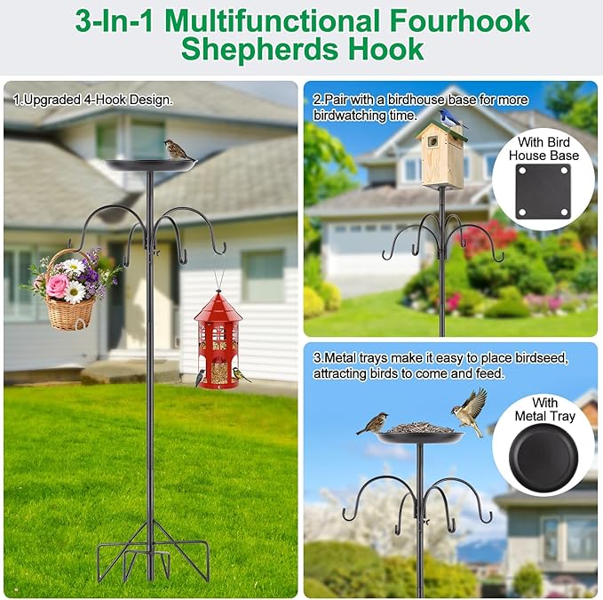 4-Hook Shepherds Hooks for Outdoor, 103" Heavy Duty Bird Feeder Pole with 5 Prongs Base, Adjustable Garden Hook for Plant Baskets, Hummingbird Feeder, Lantern, Solar Light, Garden Hook for Outside