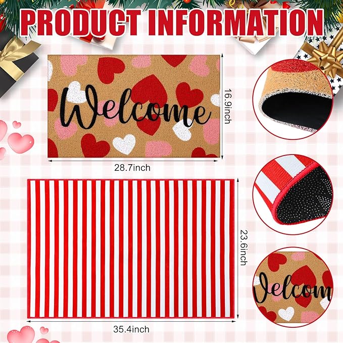 Tinideya 2 Pcs Valentine Door Mat Heart Welcome Outdoor Non Slip Coir Mats Red and White Stripe Floor Layering Doormats Seasonal for Front Porch Entryway Decor(Valentine Heart)