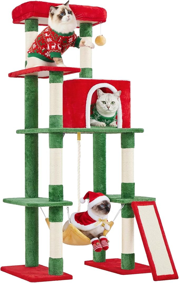 Yaheetech 63in Christmas Cat Tree with Cozy Condo, 7 Scratching Posts, Scratching Ladder, Hammock, Large Cat Tower Holiday Pet Climbing Furniture for Kittens to Play and Sleep