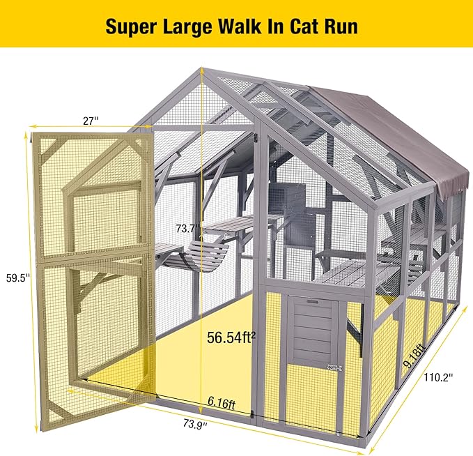 Aivituvin Extra Large Catio Outdoor Cat Enclosure Window Design for 10-20 Cats, 74"H Walk-In Patio Cat House with 4 Access Doors, Waterproof Roof, Spacious Kitty Cage for Multiple Indoor Outdoor Cats