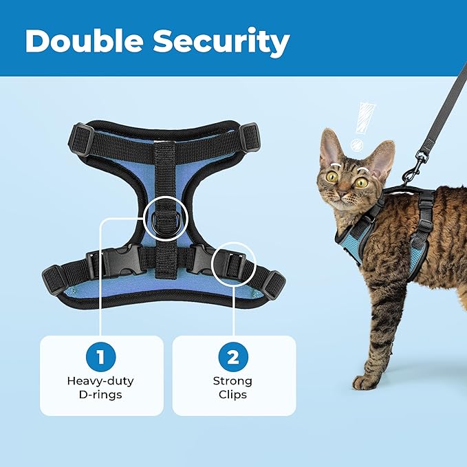 Voyager Escape-Proof Step-in Lock Cat Harness & 5ft Neoprene-Handle Leash Set All-Weather Mesh with Reflective Stitching for Small to Large Cats by Best Pet Supplies, Black Trim-Baby Blue (327), XS
