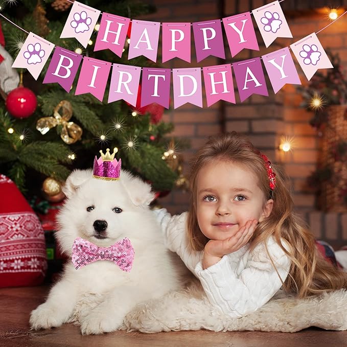 Dog Birthday Party Supplies, Dog Birthday Hat Bandana Scarf with Cute Bow Tie, Flag, Balloons for Small Medium Dogs Pets, Doggie Party Supplies Decorations