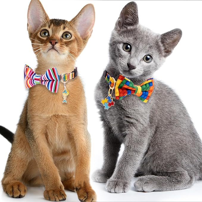 Faygarsle 2 Pack Breakaway Bowtie Cat Collar with Bell for Male Female Cats Fancy Yellow Blue with Toy Building Blocks Streaks Pattern Spring Summer Cat Collar for Boy Girl Cats