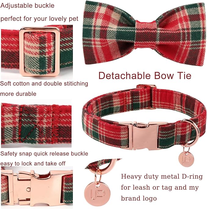 Christmas Plaid Dog Collar with Bow Tie– Adjustable Red & Green Checkered Dog Collar for Small Medium Large Dogs, Soft Xmas Plaid Puppy Collars with Quick Release Buckle XS