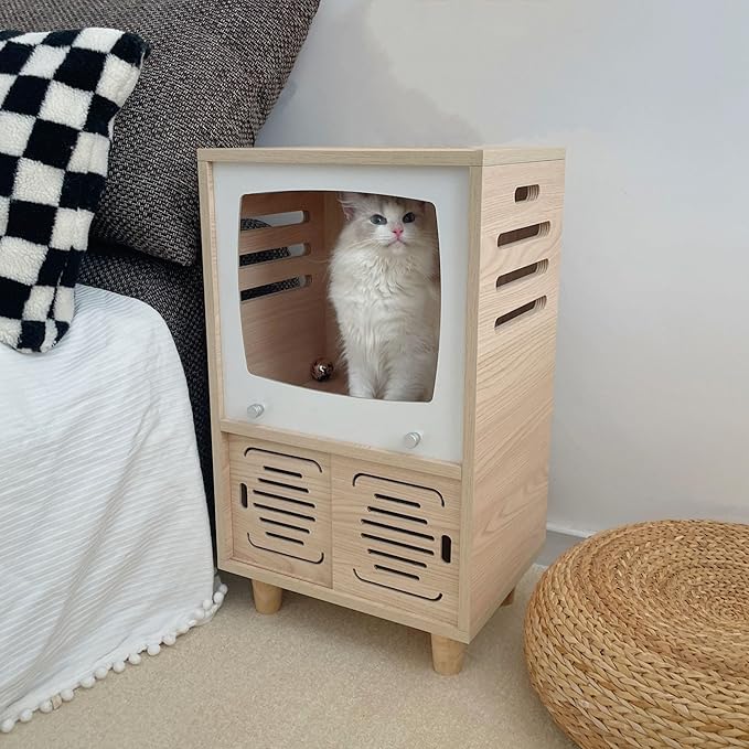Cat House Side Table, 2-in-1 Wooden Cat House and Bedside Table with Scratching Board - Large Retro TV-Style Two-Tier Indoor Cat Activity Center, Suitable for Indoor Use, Bedside. (Oaken, O)