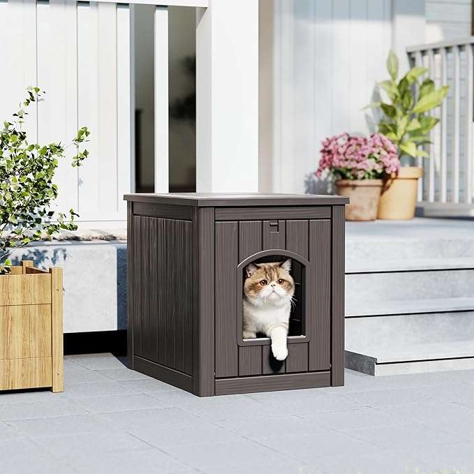 Cat Litter Box Enclosure, Plastic Hidden Litter Box Side Table with Openable Front Door, Waterproof & Weatherproof Cat House for Indoor & Outdoor Use (Gray)