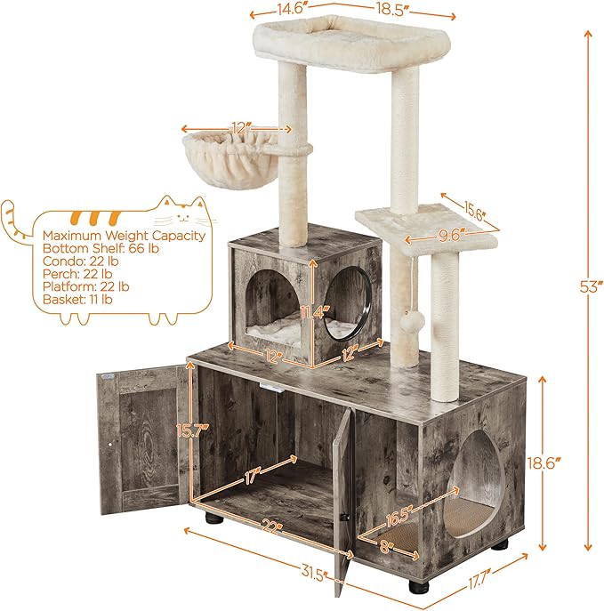 Yaheetech Litter Box Enclosure with Cat Tree, All-in-one Indoor Kitten House w/Scratching Posts, Wooden Cat Litter Box Furniture w/Kitty Condo, Platform, Greige/Beige
