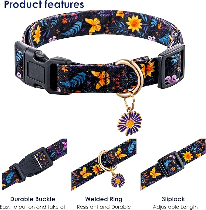 Cotton Dog Collar Purple Flower Pattern for Boys and Girls Cute Dog Collars Summer Fall Gift Adjustable for Medium to X-Large Breed Dogs (L)