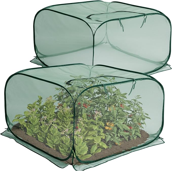 2 Pcs Pop Up Mesh Plant Cover, 35" x 35" x 27.5" Foldable Plant Protector Mesh Plant Enclosure, Garden Net Cage Guard Cover with 8 Ground Stakes for Protecting Plant Vegetable Fruit from Birds Insects