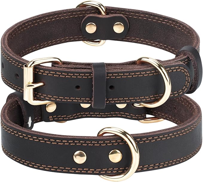 Joytale Genuine Leather Dog Collar for Large Dogs, Heavy Duty Thick Solid Leather for Power Breeds, Sturdy Adjustable Pet Collar with Metal Pin Buckle, Durable for Daily Walking, Brown, L