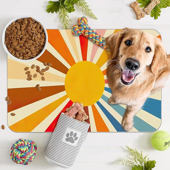 Retro 70s Rainbow Sunrise Swirl Dog Cat Food Mat,Absorbent Pet Feeding Mat for Food and Water, Non-Slip Dog Bowl Mats Floor Protector 16"x24"