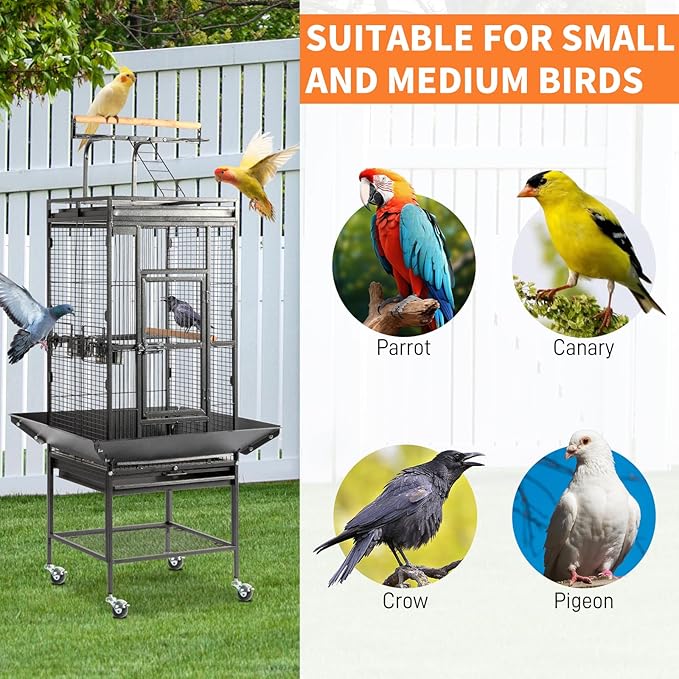 VINGLI Bird Cage with Rolling Stand for Parrots, Cockatiels, Budgies, Lovebirds, Small/Medium Birds (62“H with Play Top)