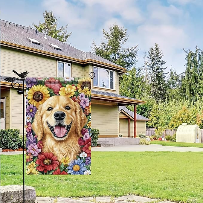 Golden Retriever Garden Flag 12x18 Inch Dog with Colorful Flowers Outdoor Banner Cute Pet Yard Decor Spring Summer Double Sided Welcome Flag for Lawn House Decoration Dog Lovers Gift