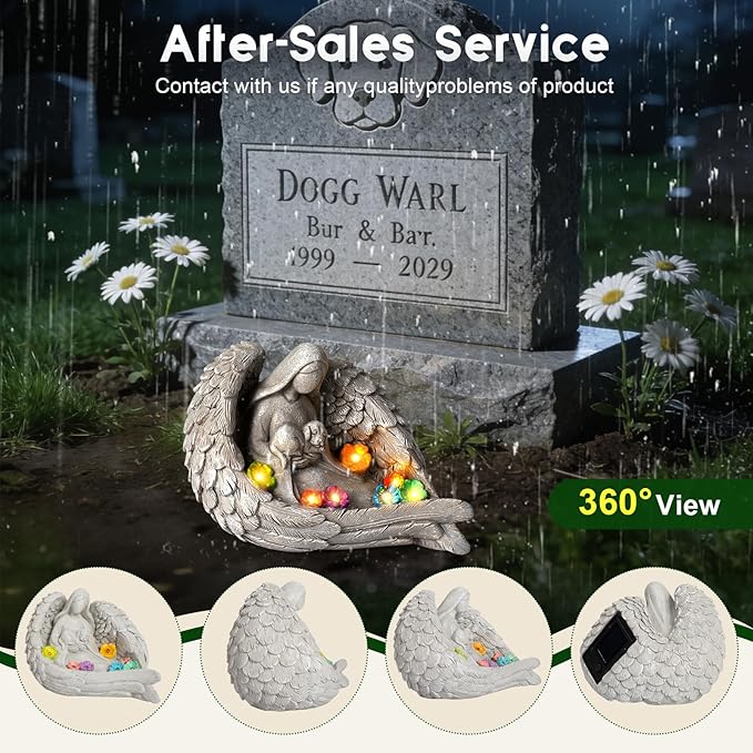 Solar Garden Decor - Memorial for Loss of Dog with Angel Statue, Solar Powered Outdoor Pet Memorial Stone & Dog Remembrance Gift for Backyard, Cemetery Handmade Eco-Resin, 7 LED Lights