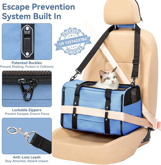 PETSFIT Soft-Sided Cat Carrier with Patented Safety Buckles, Lockable Zippers & Safety Tether,Escape-Resistant Travel Pet Carrier for Car Rides & Vet Visits, Airline Approved Under-Seat, Up to 12 lbs