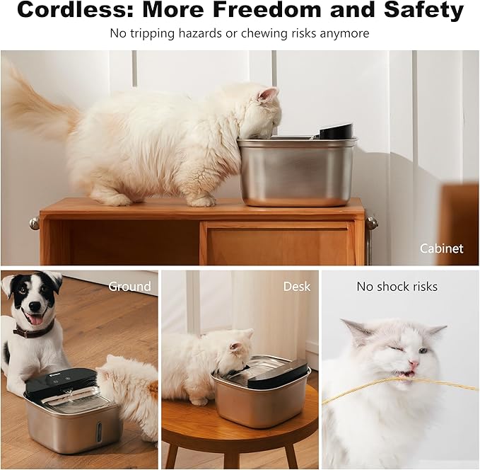 Wireless Cat Water Fountain Stainless Steel, 128oz/3.78L Cordless Automatic Water Dispenser for Cats and Dogs, Battery Operated Drinking Fountain for Pets with Motion Sensor, Ultra Quiet Pump