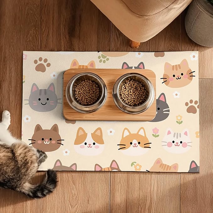Cat Feeding Mat 24x16 inch Beige Kitten Print Pet Bowl Placemat Non Slip Floor Mat for Food and Water Indoor Kitty Feeding Station Cute Meal Pad for Small Pets Kitchen Use