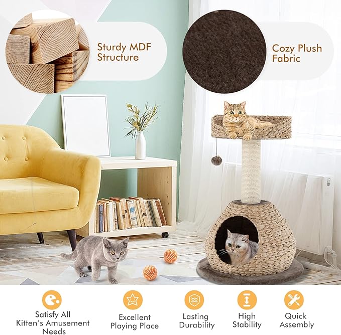 PETSITE Modern Cat Tree Tower, Paper Rope Natural Bowl Shaped with Perch, Scratching Post, Rattan Cat Activity Tree for Kittens, 28" Tall