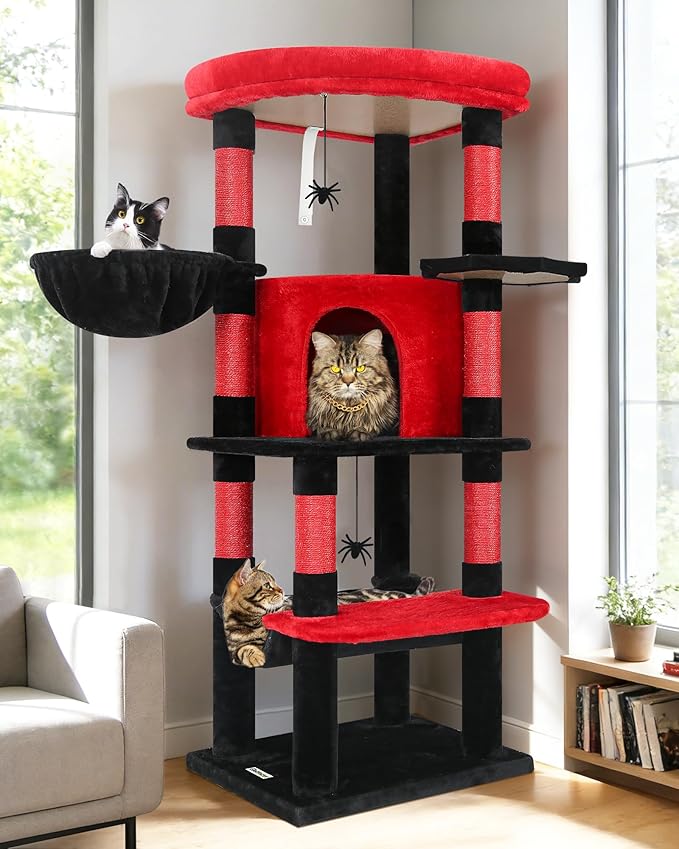 Globlazer Gothic Corner Cat Tree Tower with Scratching Post for Indoor Cats, 51inch Goth Cat Condo Tower with Large Hammock, Fan-Shaped Padded Perch, Spacious Cat Cave, Hanging Basket, C51, Red Black
