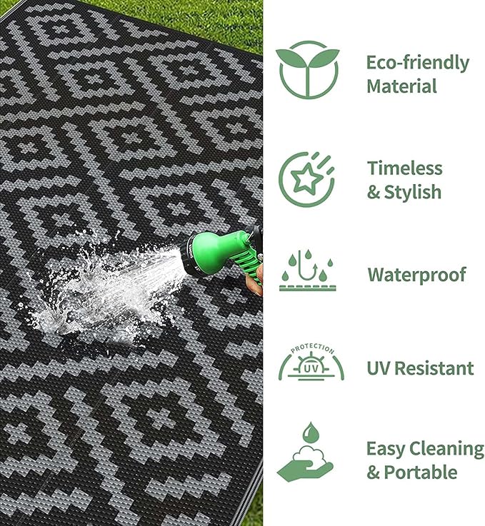 GENIMO Outdoor Rugs 2.5x8 Waterproof, Reversible Mats, Outdoor Area Rug, Plastic Outside Carpet, Eeometric Rv Mat for Patio Camping Rv Picnic Backyard Deck Balcony Porch Beach (Black & Grey)