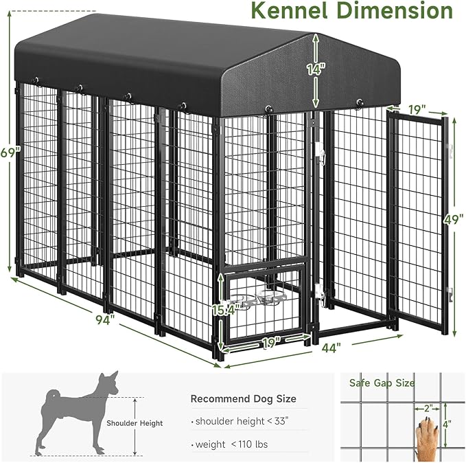 Dog Kennel Outdoor, Large Outside Dog Kennel with Roof & Swivel Feeders/Removable Doggy Door Allow Connecting Your Dog House, Heavy Duty Dog Run Pen for Medium/Large Dogs (8'L x 4'W x 6'H)