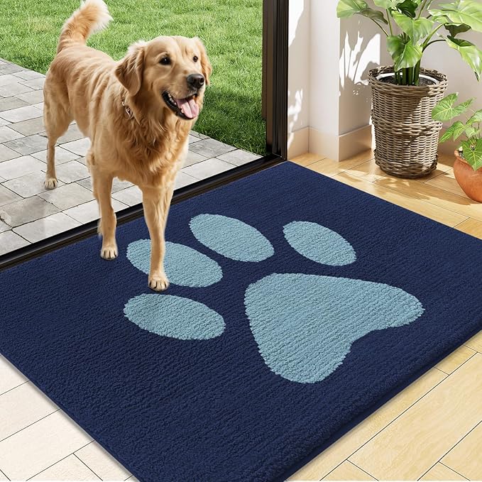 Buganda Dog Door Mat for Muddy Paws, Absorbent Dirt Trapper Non Slip Indoor Doormats, Washable Low-Profile Mat for Mud Dogs, Entryway Carpet for Inside Floor (48x30 Inches, Dark Blue)
