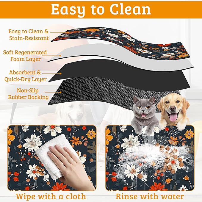 Floral Black Feeding Mat,Absorbent Quick-Dry Cat Dog Food and Water Bowl Mats,Non-Slip Rubber Backing Mat,Cat Dog Accessories Supplies 16" x 24"