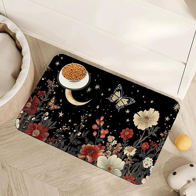 Moon Butterfly Pet Feeding Mat,Vintage Garden Luxury Absorbent Quick-Dry Cat Dog Food and Water Bowl Mats,Non-Slip Rubber Backing Mat,Cat Dog Accessories Supplies 12"x20"