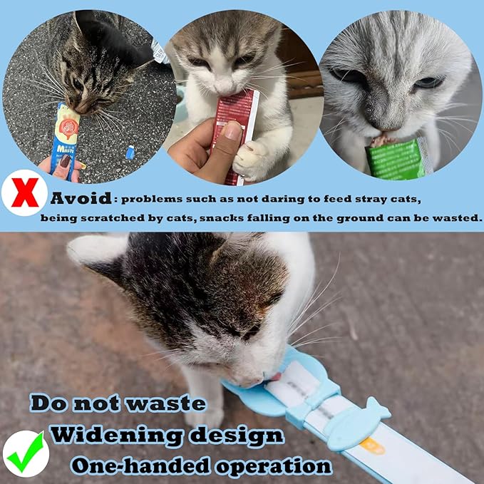 Cat Treat Spoon & 3 Pcs Can Lids | Cat Strip Feeder Squeeze for Liquid Snack | Universal Silicone Pet Can Covers BPA Free | Waste-Free Lickable Treat Feeder(Blue)