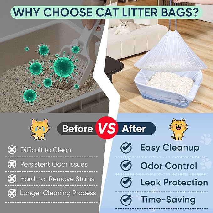 60 Count Cat Litter Box Liners Compatible with MeoWant-SCO1 & MeoWant-SCO2, Cat Litter Liners for Automatic Litter Box, Thick Heavy Duty Waste Bags with Drawstrings, 18.11" x 12.6"