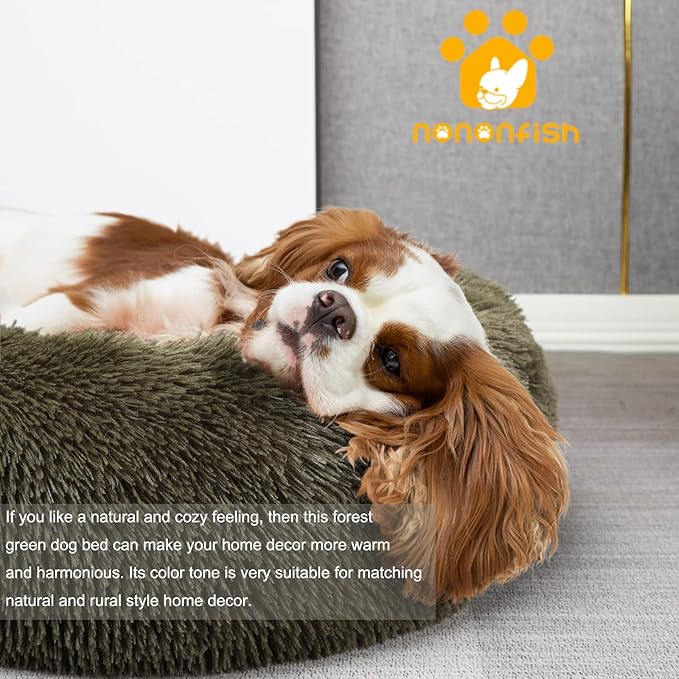 Calming Donut Dogs Beds for Small Dogs Washable,23inch Plush Round Pet Bed for Cozy Sleep,Fluffy Faux Fur Large Cat Bed,Fits up to 25 lbs Pets,Army Green