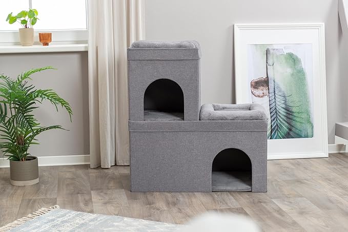 TRIXIE Double Crazy Cube Stackable Cat Condo with Sisal Scratching Surface & Reversible Plush Cushions, Tool-Free Assembly, Collapsible Modular Indoor Cat Furniture for Home Use, Supports up to 35 lbs