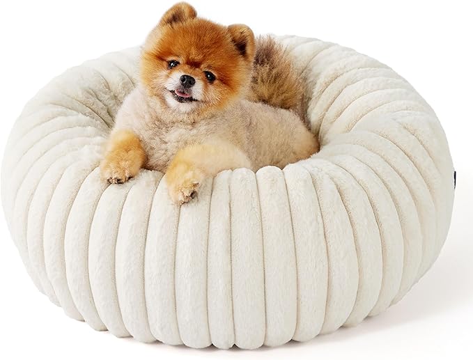 Bedsure ComfyFleece™ Donut Small Dog Bed - Dog Beds for Small Dogs with Corduroy Fleece & Anti Slip Bottom, Round Faux Fur Pet Beds with Washable Removable Cover, Cream, 23x23x7 inches